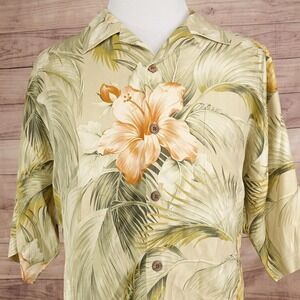 Tommy Bahama Shirt Mens XL Beige Floral Short Sleeve Button-Up Silk Relaxed Fit